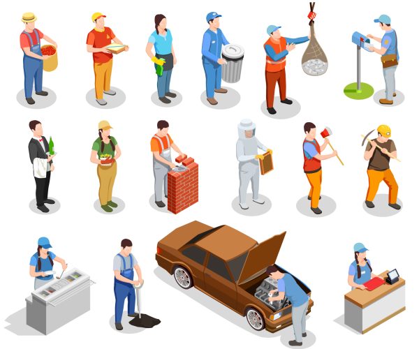 Worker professions including builder, auto mechanic, cook, postman, miner, cashier, garbage collector isometric people isolated vector illustration